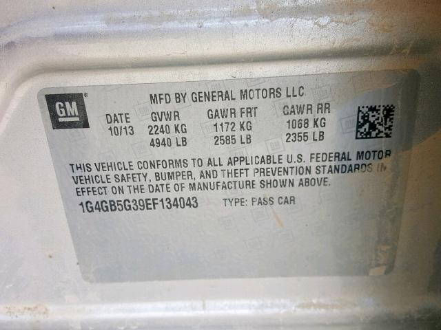 1G4GB5G39EF134043 - 2014 BUICK LACROSSE SILVER photo 10