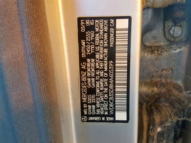 WDBCB35D8MA605399 - 1991 MERCEDES-BENZ 350 SDL SILVER photo 10