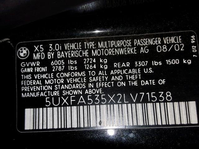 5UXFA535X2LV71538 - 2002 BMW X5 3.0I BLACK photo 10