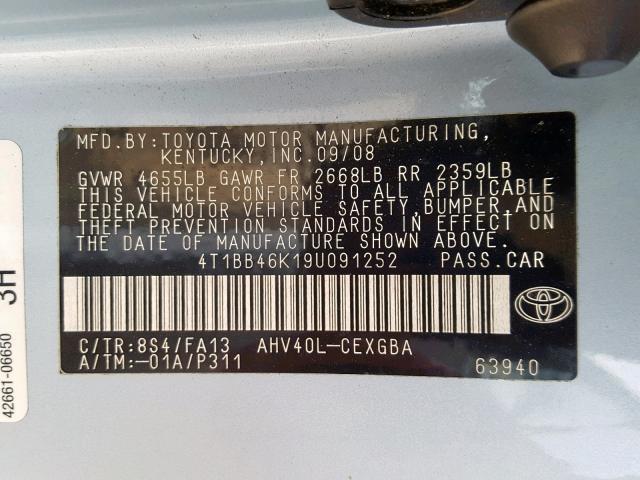 4T1BB46K19U091252 - 2009 TOYOTA CAMRY HYBR BLUE photo 10