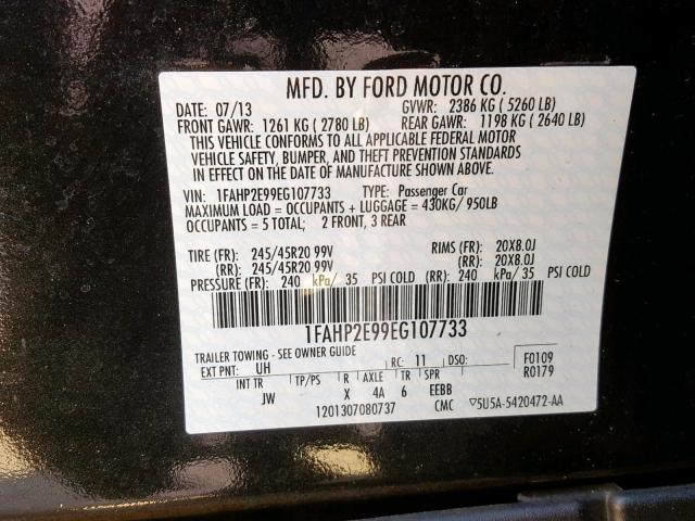 1FAHP2E99EG107733 - 2014 FORD TAURUS SEL BLACK photo 10