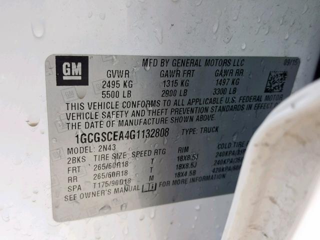 1GCGSCEA4G1132808 - 2016 CHEVROLET COLORADO L WHITE photo 10