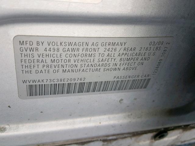 WVWAK73C38E209762 - 2008 VOLKSWAGEN PASSAT KOM GRAY photo 10