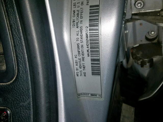 WAUML44D92N005312 - 2002 AUDI A8 L QUATT SILVER photo 10