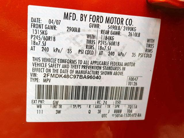 2FMDK48C97BA96040 - 2007 FORD EDGE SEL ORANGE photo 10