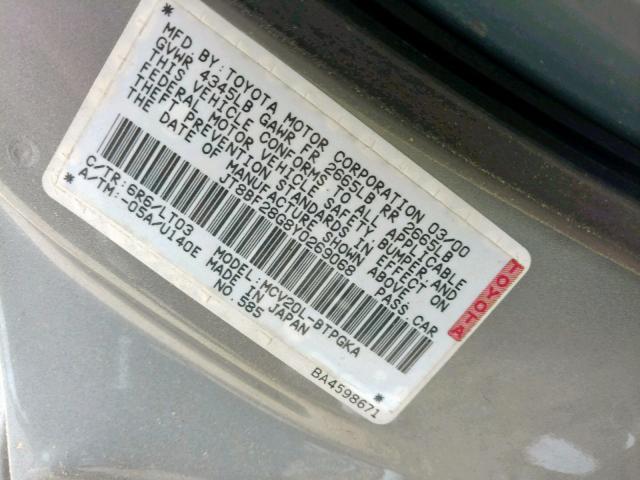 JT8BF28G8Y0269068 - 2000 LEXUS ES 300 GRAY photo 10