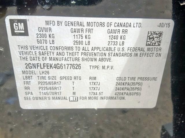 2GNFLFEK4G6177626 - 2016 CHEVROLET EQUINOX LT BLACK photo 10