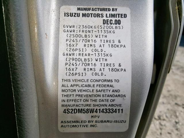 4S2DM58W414333411 - 2001 ISUZU RODEO S SILVER photo 10