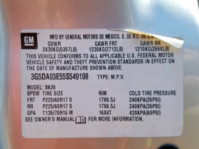 3G5DA03E55S549108 - 2005 BUICK RENDEZVOUS GRAY photo 10