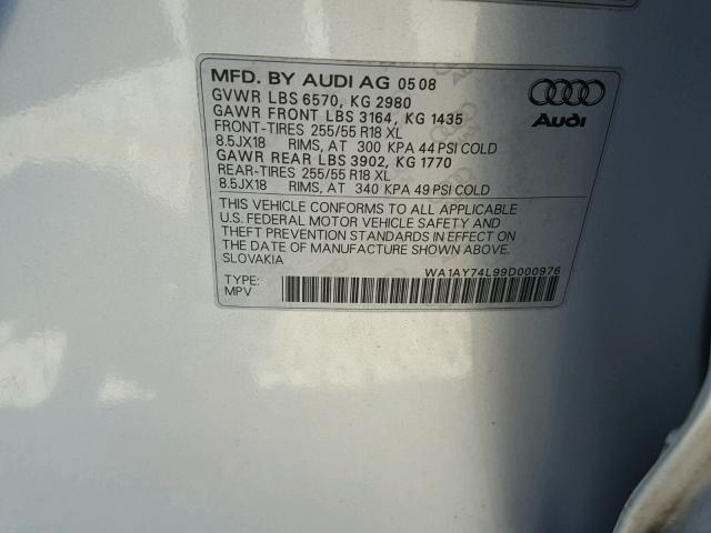 WA1AY74L99D000976 - 2009 AUDI Q7 3.6 QUA SILVER photo 10