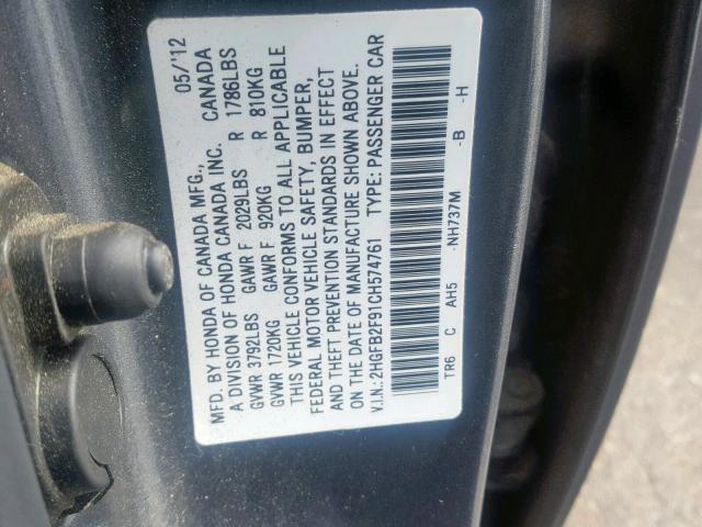 2HGFB2F91CH574761 - 2012 HONDA CIVIC EXL GRAY photo 10