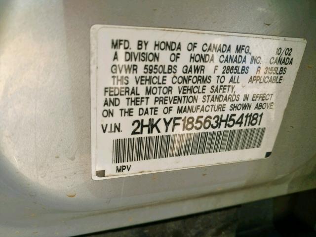 2HKYF18563H541181 - 2003 HONDA PILOT EXL SILVER photo 10