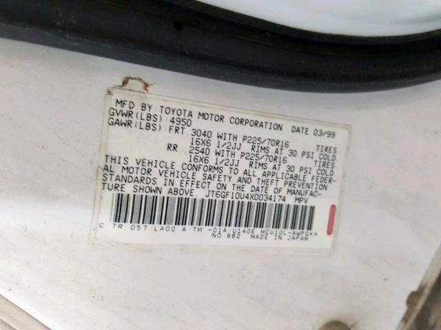 JT6GF10U4X0034174 - 1999 LEXUS RX 300 WHITE photo 10