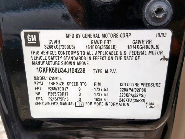 1GKFK66U34J154238 - 2004 GMC YUKON XL D BLACK photo 10