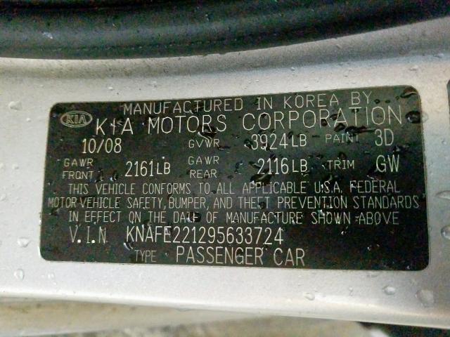 KNAFE221295633724 - 2009 KIA SPECTRA EX  photo 10