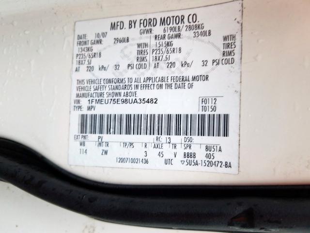 1FMEU75E98UA35482 - 2008 FORD EXPLORER LIMITED  photo 10