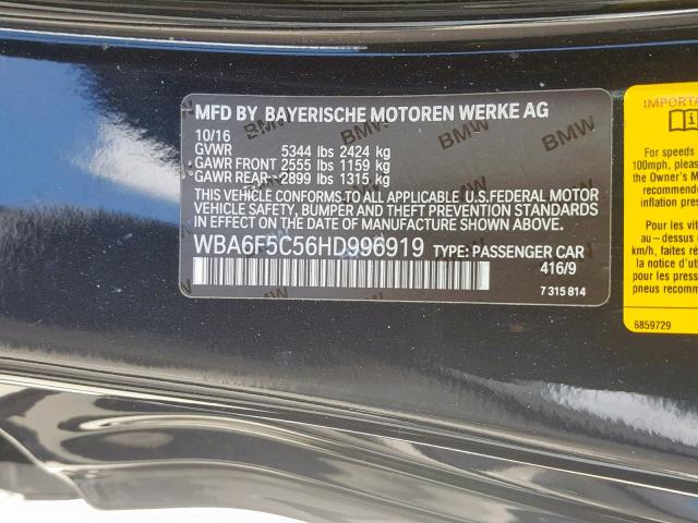 WBA6F5C56HD996919 - 2017 BMW 650 I BLACK photo 10