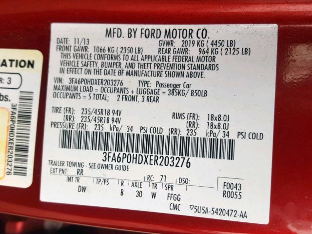 3FA6P0HDXER203276 - 2014 FORD FUSION SE RED photo 10