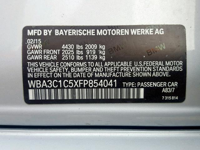 WBA3C1C5XFP854041 - 2015 BMW 328 I SULE SILVER photo 10