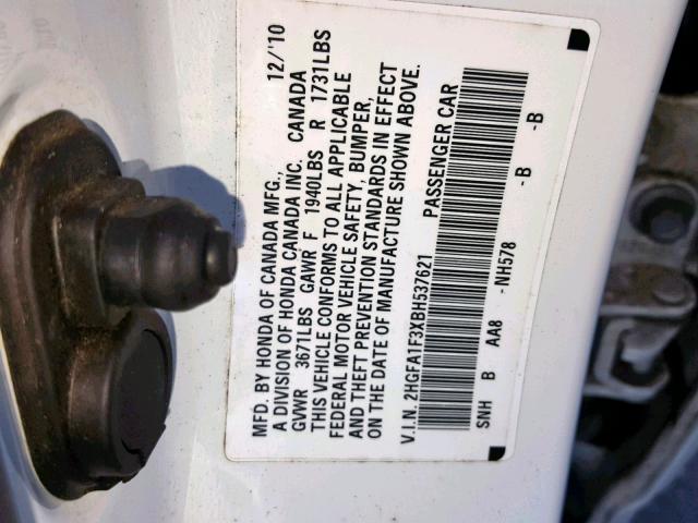 2HGFA1F3XBH537621 - 2011 HONDA CIVIC VP WHITE photo 10