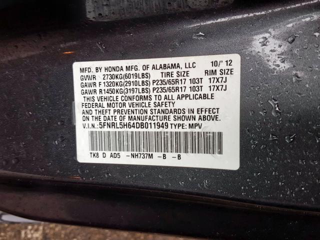 5FNRL5H64DB011949 - 2013 HONDA ODYSSEY EXL  photo 10