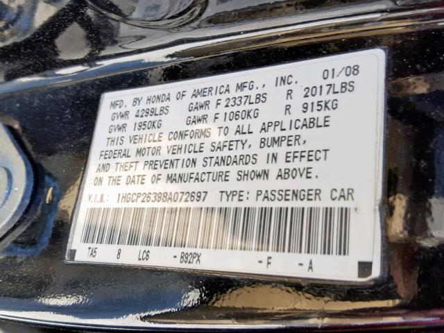 1HGCP26398A072697 - 2008 HONDA ACCORD BLACK photo 10