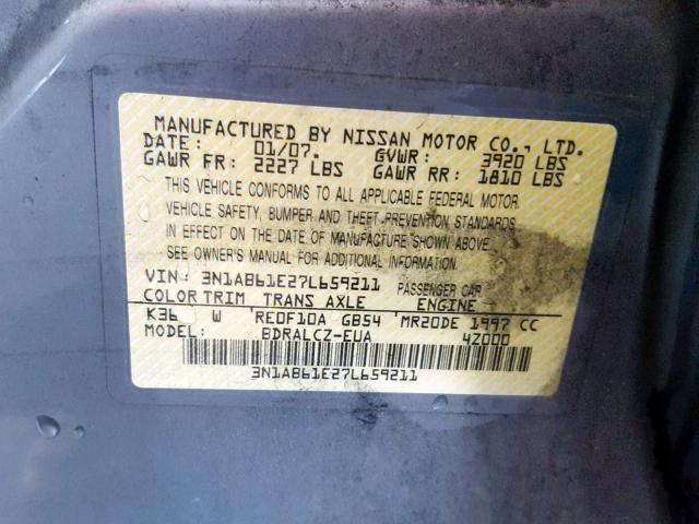 3N1AB61E27L659211 - 2007 NISSAN SENTRA 2.0 GRAY photo 10