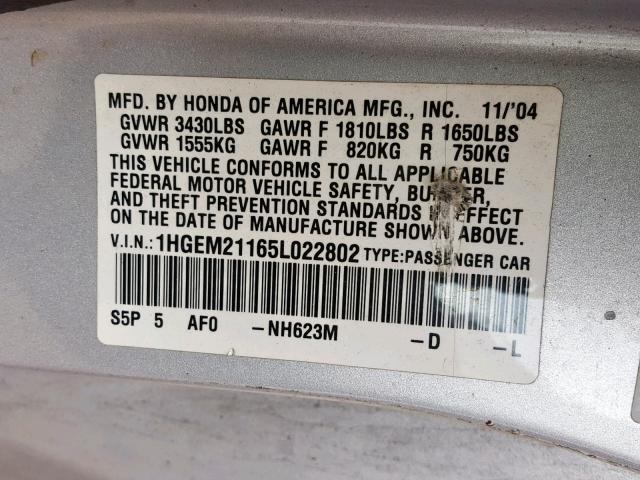 1HGEM21165L022802 - 2005 HONDA CIVIC DX V SILVER photo 10