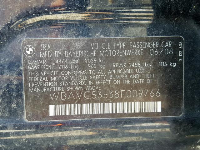 WBAVC53538F009766 - 2008 BMW 328 I SULE BLUE photo 10