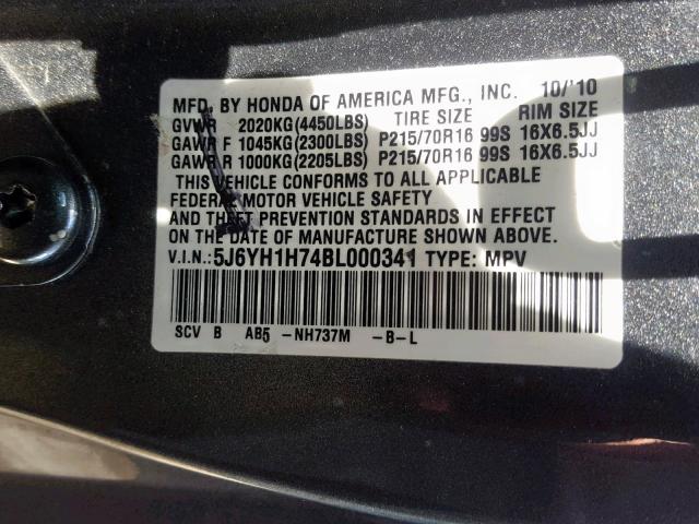 5J6YH1H74BL000341 - 2011 HONDA ELEMENT EX GRAY photo 10