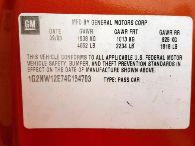 1G2NW12E74C154703 - 2004 PONTIAC GRAND AM G ORANGE photo 10