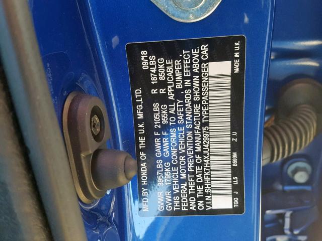 SHHFK7H4XJU429975 - 2018 HONDA CIVIC SPOR BLUE photo 10