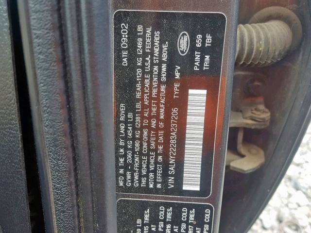 SALNY22283A237206 - 2003 LAND ROVER FREELANDER GRAY photo 10