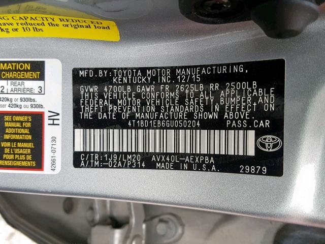 4T1BD1EB6GU050204 - 2016 TOYOTA AVALON HYB SILVER photo 10