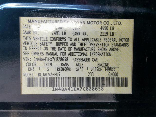 1N4BA41EX7C828658 - 2007 NISSAN MAXIMA SE BLACK photo 10