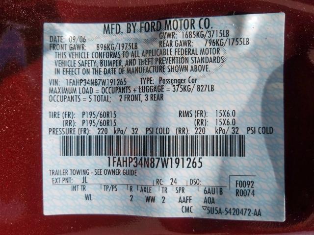 1FAHP34N87W191265 - 2007 FORD FOCUS ZX4  photo 10