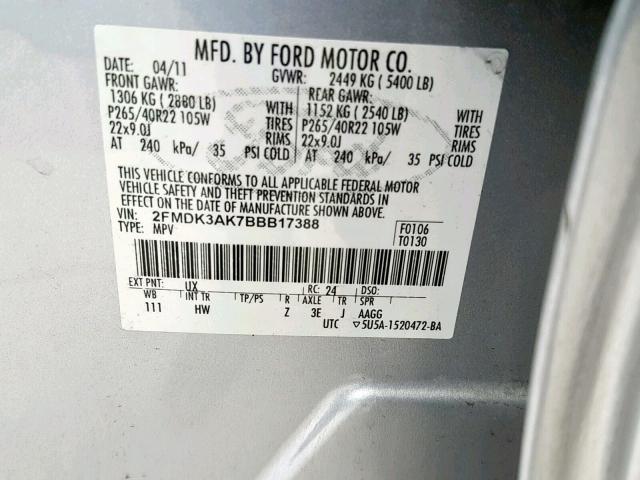 2FMDK3AK7BBB17388 - 2011 FORD EDGE SPORT SILVER photo 10