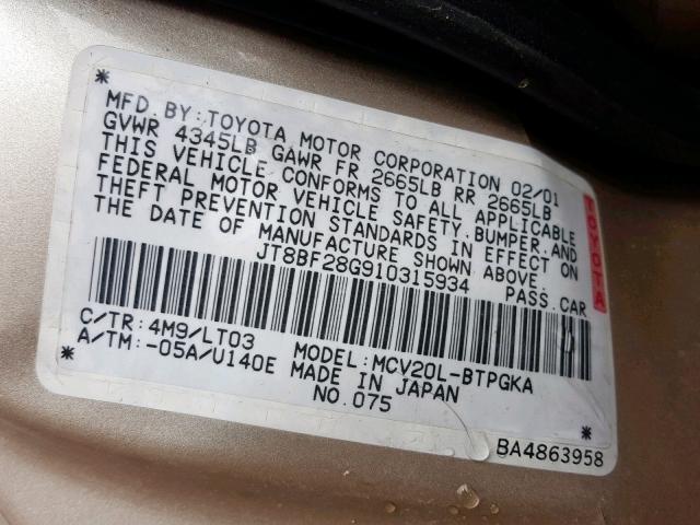 JT8BF28G910315934 - 2001 LEXUS ES 300 GOLD photo 10