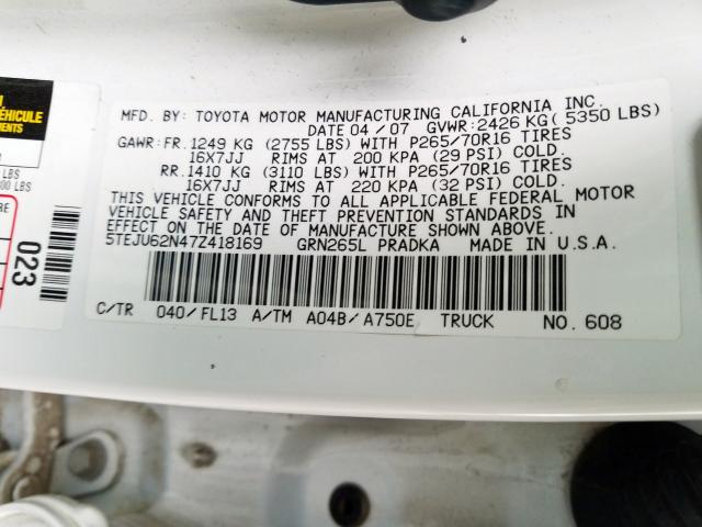 5TEJU62N47Z418169 - 2007 TOYOTA TACOMA DOUBLE CAB PRERUNNER  photo 10