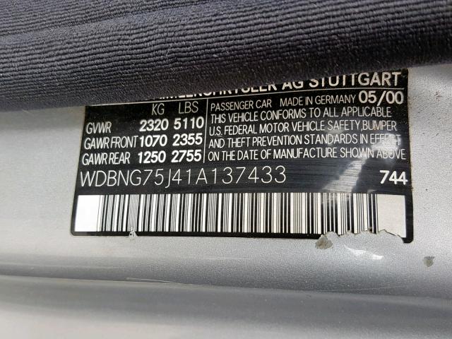 WDBNG75J41A137433 - 2001 MERCEDES-BENZ S 500 SILVER photo 10