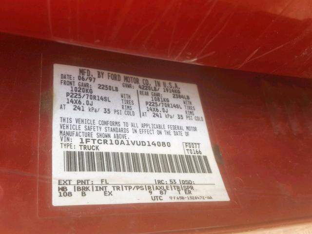 1FTCR10A1VUD14080 - 1997 FORD RANGER RED photo 10