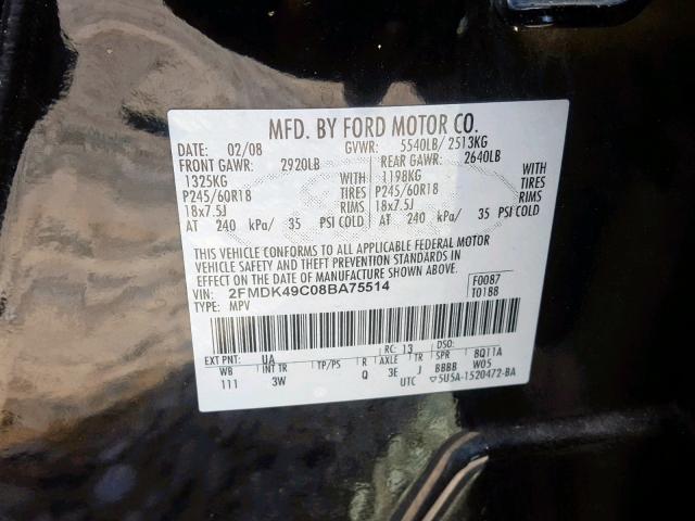 2FMDK49C08BA75514 - 2008 FORD EDGE LIMIT BLACK photo 10