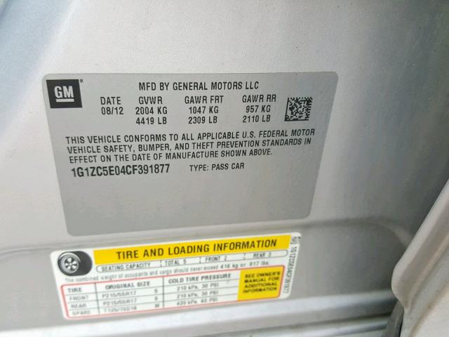 1G1ZC5E04CF391877 - 2012 CHEVROLET MALIBU 1LT 银色 照片 10