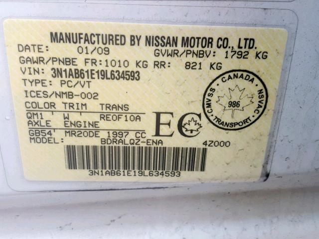 3N1AB61E19L634593 - 2009 NISSAN SENTRA 2.0 WHITE photo 10