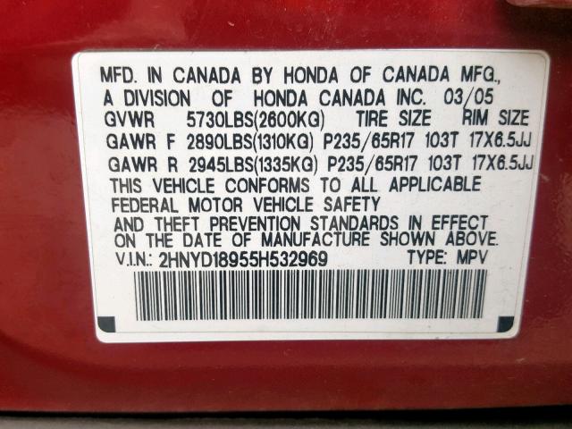 2HNYD18955H532969 - 2005 ACURA MDX TOURIN MAROON photo 10