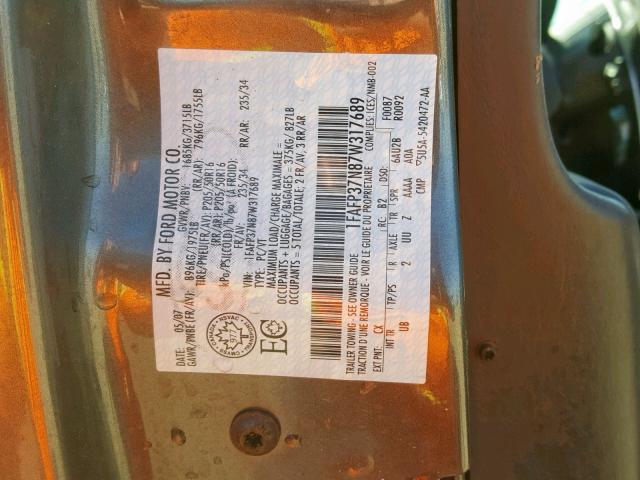 1FAFP37N87W317689 - 2007 FORD FOCUS ZX5 GRAY photo 10