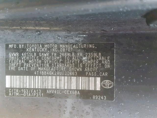 4T1BB46K28U030863 - 2008 TOYOTA CAMRY HYBR GRAY photo 10