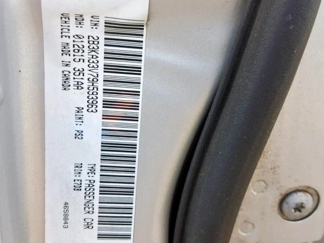 2B3KA33V79H593963 - 2009 DODGE CHARGER SX SILVER photo 10