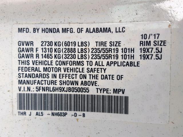 5FNRL6H9XJB050055 - 2018 HONDA ODYSSEY EL WHITE photo 10