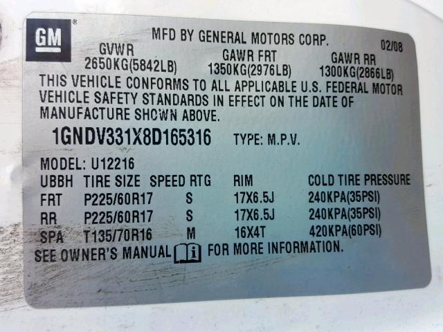 1GNDV331X8D165316 - 2008 CHEVROLET UPLANDER L 白色 照片 10